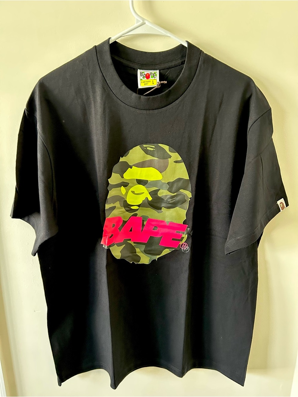 Bape Black Tee with Neon Camo Ape Head and Pink Logo